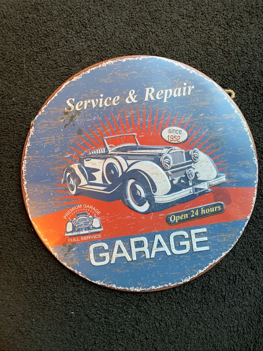 Garage Vintage Service & Repair Round Wall Sign - Blue, Red & White